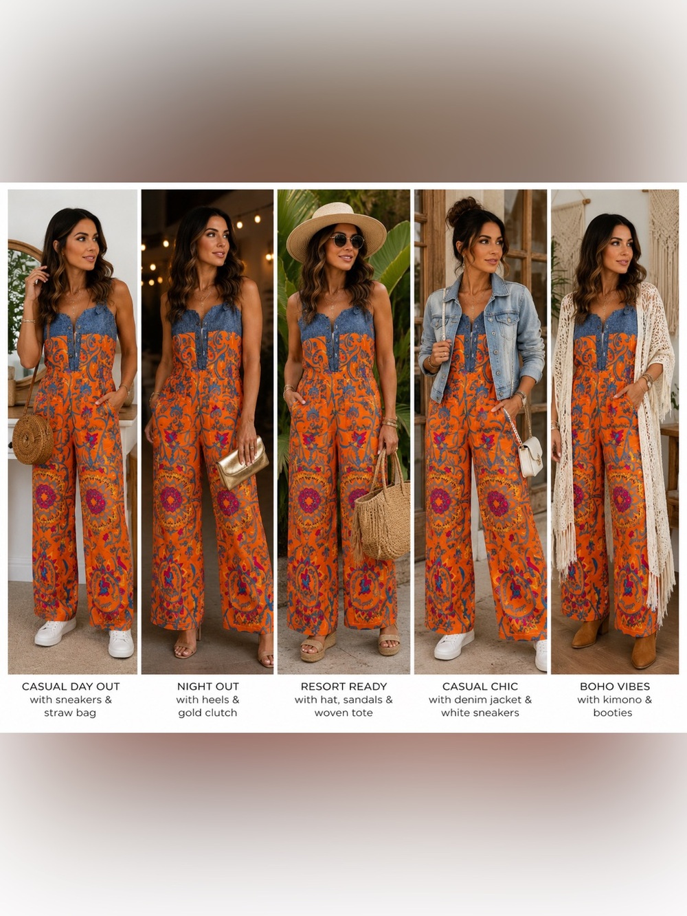 Denim-Top Orange Floral Wide-Leg Jumpsuit